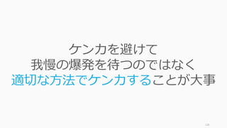 126
ケンカを避けて
我慢の爆発を待つのではなく
適切な⽅法でケンカすることが⼤事
 