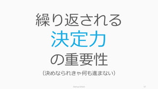 Startup	School 57
繰り返される
決定⼒
の重要性
（決めなられきゃ何も進まない）
 