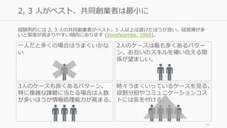 経験則的には 2, 3 ⼈の共同創業者がベスト。5 ⼈以上は避けたほうが良い。経営陣が多
いと緊張が⾼まりやすい傾向にあります (Stinchcombe, 1965)。
62
2, 3 ⼈がベスト、共同創業者は最⼩に
⼀⼈だと多くの場合はうまくいかな
い
3⼈のケースも良くあるパターン。
特に複雑な課題に当たる場合は⼈数
が多いほうが情報処理能⼒が⾼まる。
2⼈のケースは最も多くあるパター
ン。お互いのスキルを補い合える関
係が望ましい。
時々うまくいっているケースを⾒る。
役割分担やコミュニケーションコス
トには気を付ける。
 