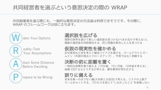 共同創業者を選ぶ際にも、⼀般的な意思決定の⽅法論は利⽤できそうです。その際に、
WRAP のフレームワークは役に⽴ちます。
76
共同経営者を選ぶという意思決定の際の WRAP
選択肢を広げる
視野の狭窄を避けて新しい選択肢を見つける(べきか否かで考えない)、
複数の選択肢を同時検討する、同じ問題を解決した人を見つける
仮説の現実性を確かめる
反対意見など逆を考えて確証バイアスを避ける、ズームアウトとズー
ムイン（外部の視点とクローズアップ）、予測ではなく実験する
決断の前に距離を置く
一時的な感情を乗り越える（10分後、10ヶ月後、10年後を考える）、
後継 CEO ならどうするか考える、優先事項を明文化する
誤りに備える
未来を唯一の点でなく幅(大失敗と大成功)で考える、リスクの上限ア
ラームをセットする、プロセスを信じて しなかったこと を後悔しない
iden Your Options
eality-Test
Your Assumptions
ttain Some Distance
Before Deciding
repare to be Wrong
W
R
A
P
 