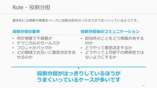 基本的には得意不得意をベースに役割分担を⾏ったほうがうまくいっているようです。
87
Role - 役割分担
役割分担の基準
• 何が得意で不得意か
• テクニカルかセールスか
• フロントかバックか
• どの領域でお互いに意思決定を任
せるのか
役割分担後のコミュニケーション
• 担当外のことをどう情報共有する
のか
• どうやって意思決定するか
• どうやって上司部下の関係性では
ないようにするか
役割分担がはっきりしているほうが
うまくいっているケースが多いです
 