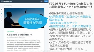 88
(2016 年) Funders Club による
共同創業者フィットのためのガイド
•関係性の深さと⻑さが重要
•共同創業者（と⾃分の）の強みと
弱みを知る
•補完的なスキルセット
•役割を定義して、それに満⾜する
•成功（と失敗）の定義を確認して
おき、共同創業者間で同意しておく
•全員が株式の配分に満⾜している
必要がある
•オフィスの外で⼀緒に過ごす時間
を定期的に作る
•常にお互いをサポートする
https://fundersclub.com/blog/2016/08/03/finding-your-cofounder/
役割分担の
重要性が強調
 
