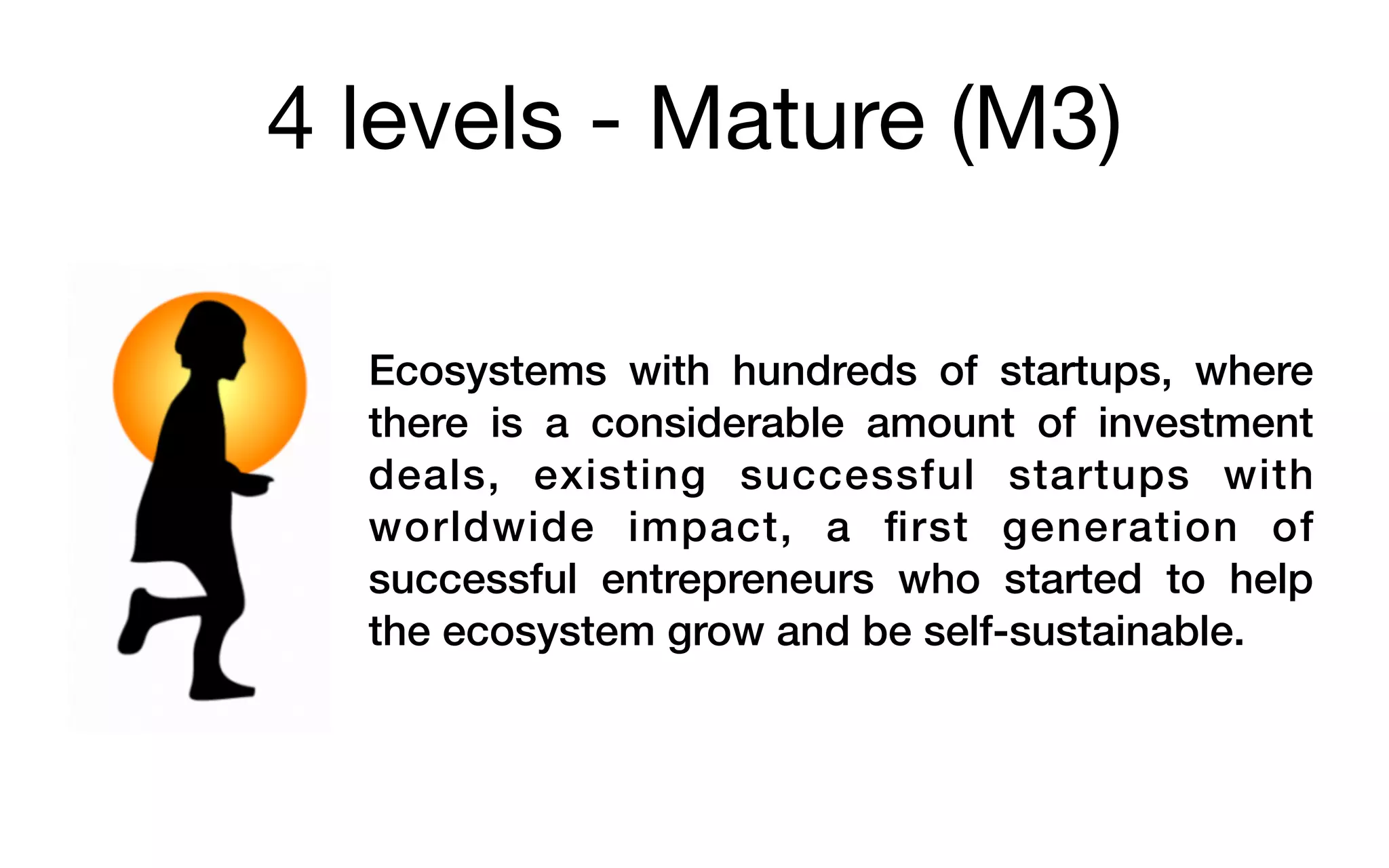 4 levels - Mature (M3)
Ecosystems with hundreds of startups, where
there is a considerable amount of investment
deals, existing successful startups with
worldwide impact, a ﬁrst generation of
successful entrepreneurs who started to help
the ecosystem grow and be self-sustainable.
 