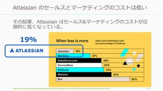その結果、Atlassian はセールス&マーケティングのコストが圧
倒的に低くなっている。
https://www.intercom.com/blog/podcasts/scale-how-atlassian-built-a-20-billi...