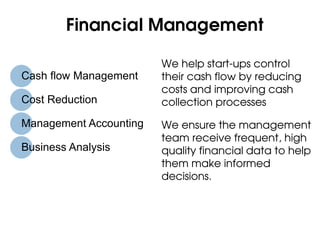 Financial Management

                        We help start-ups control
Cash flow Management    their cash flow by reducing
                        costs and improving cash
Cost Reduction          collection processes
Management Accounting   We ensure the management
                        team receive frequent, high
Business Analysis       quality financial data to help
                        them make informed
                        decisions.
 