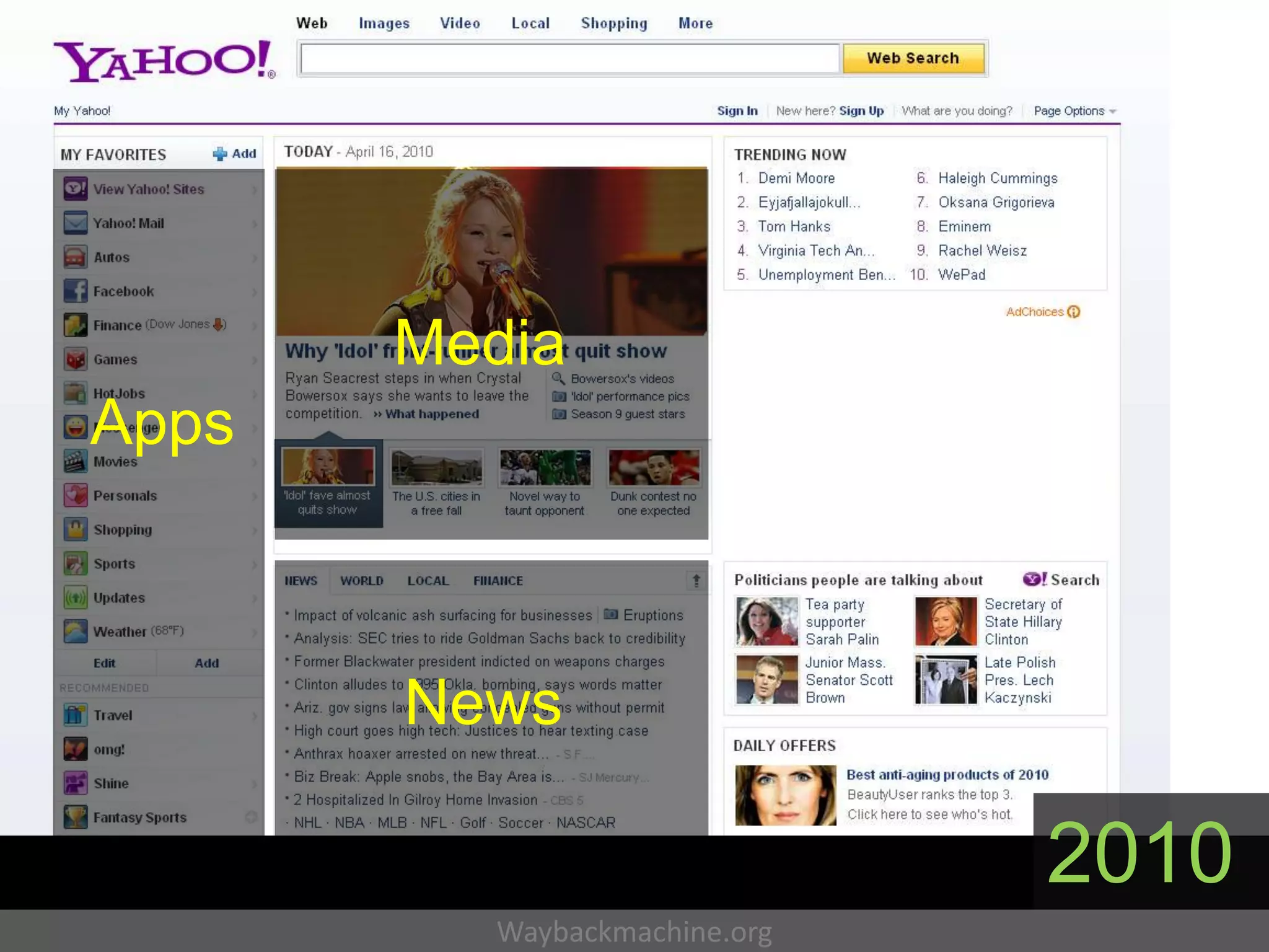 Media
Apps



       News

                              2010
         Waybackmachine.org
 