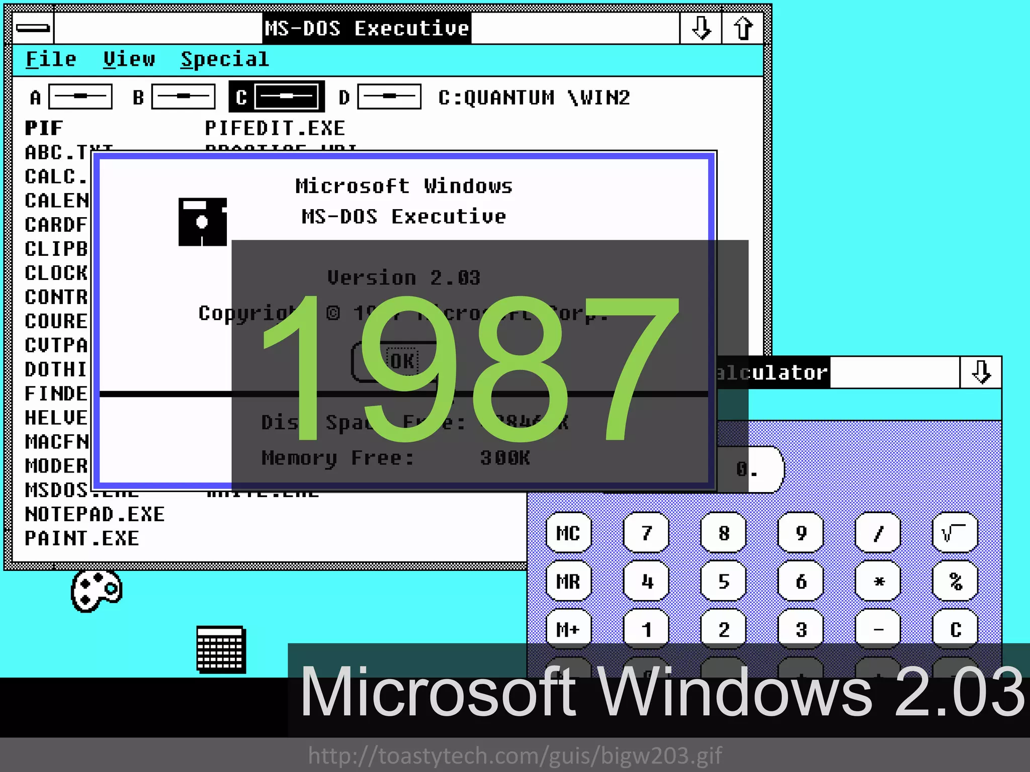 1987
Microsoft Windows 2.03
http://toastytech.com/guis/bigw203.gif
 