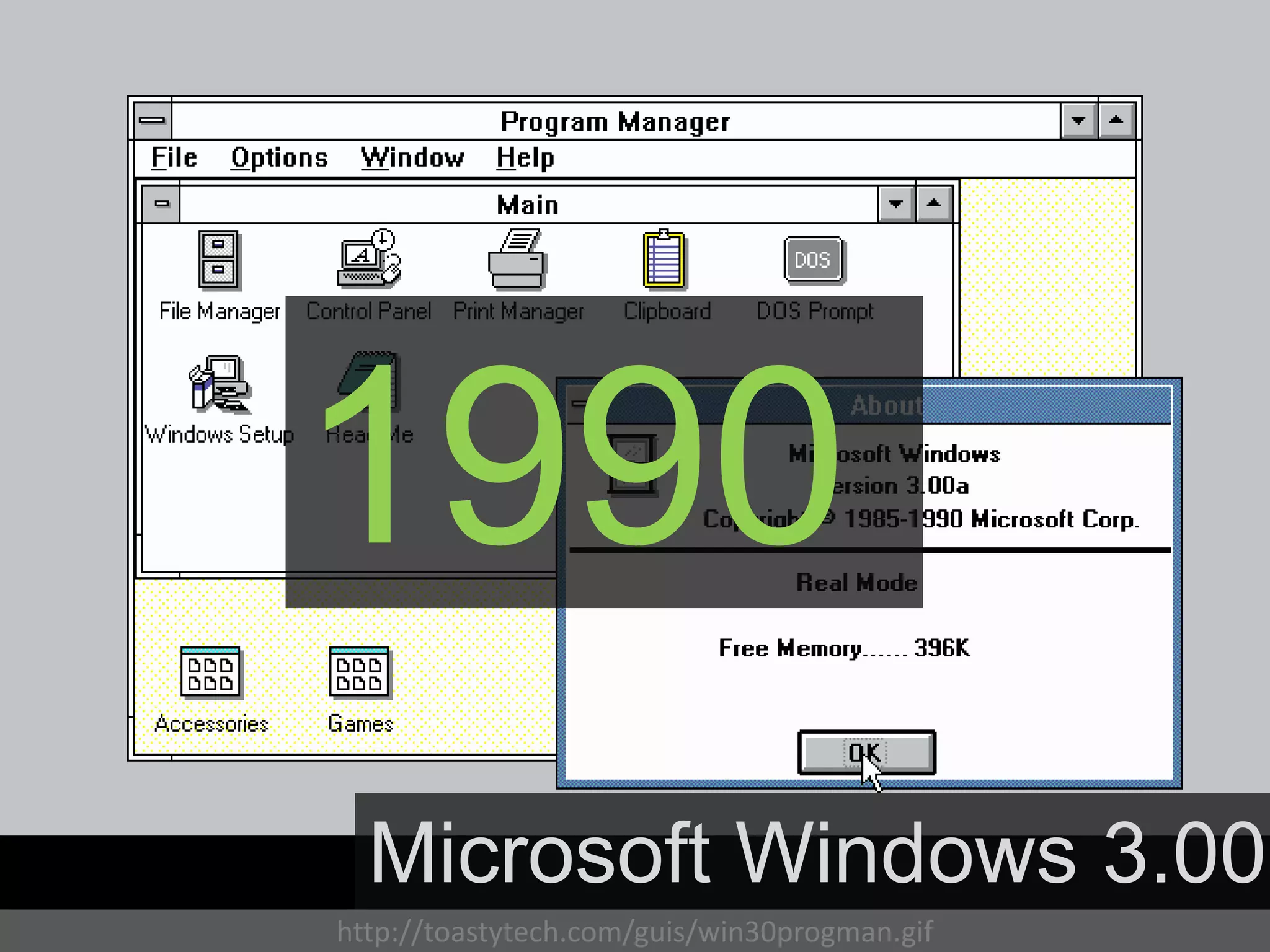 1990
  Microsoft Windows 3.00
http://toastytech.com/guis/win30progman.gif
 