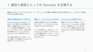 すべてにおいてサービスレベルを高く保つことはできない。顧客に合わせてサービスレベルを落とす
ところを決める。そして高いサービスレベルのものは最高を目指すこと。
43
2. サービスレベルを落とす
顧客が求めるものにフォーカス
どんなに資源の豊富な大企業でも、
すべての顧客をすべてにおいて満
足させることはできていない。資
源の少ないスタートアップはなお
さらである。すべてに卓越するこ
とをまず最初に諦めること。
理想とする顧客が本当に求める
サービスだけにフォーカスする。
それ以外のサービスは「やめる」
のではなく「質を低くする」。単
純にやめることよりも、質の低い
ものを提供するのは心理的には難
しい。
満足度は最高を目指す
フォーカスするもののサービスレ
ベルは最高を目指すこと。ほどほ
どの満足度では顧客の維持や紹介
による新規獲得は望めない可能性
が高い。
期待値を調整する
顧客満足度は顧客の事前の期待水
準に対して、実際の体験を通して
感じた知覚水準が上回るかどうか
で決まる（期待-不一致モデル）。
事前にサービスの期待値に対して
適切なコミュニケーションが行わ
れていないと、顧客ではない顧客
を呼び込んでしまうばかりか、理
想的な顧客に対してどう頑張って
も満足度は上がらない。
また時には顧客からの高い期待値
に対して No という必要がある。
 