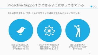Customer Success の目的は顧客に成功してもらうことで、受動的なだけではいけない。プロアク
ティブに様々な形で顧客の成功を支援することができる。ただしすべてをやろうとはしないこと。
66
顧客の成功に対するプロアクティブサポートの手法
フィードバックを積極的に集める
待つだけではなく、こちらから取
りに行く。新規登録後、久々のロ
グイン後、サービス利用後など、
フィードバックを積極的に求める
(DoorDash のように)。
データの活用
Web やアプリは利用者の利用動向
のデータを取得しやすい。利用状
況のデータなどをもとにプロダク
トチームへと洞察を返す。
Social Active Support
SNS 上で自社プロダクトや競合製
品で困っている人がいたらヘルプ
を行う。またサイト内チャットな
どでリアルタイムサポートを行う。
勉強会やイベントの開催
顧客に対して学習の機会を提供す
る勉強会やイベントの開催。ハン
ズオントレーニングなど。
CGM によるサポート
フォーラムやナレッジベースなど
の設置により、ユーザー同士がサ
ポートする仕組みを作る。
Q&A やトレーニングマテリアル
Q&A やトレーニングマテリアルを
用意して、セルフサービスでの問
題解決を支援する。またこれは購
入前顧客に対して安心感を与える
マーケティングにもなる。
 