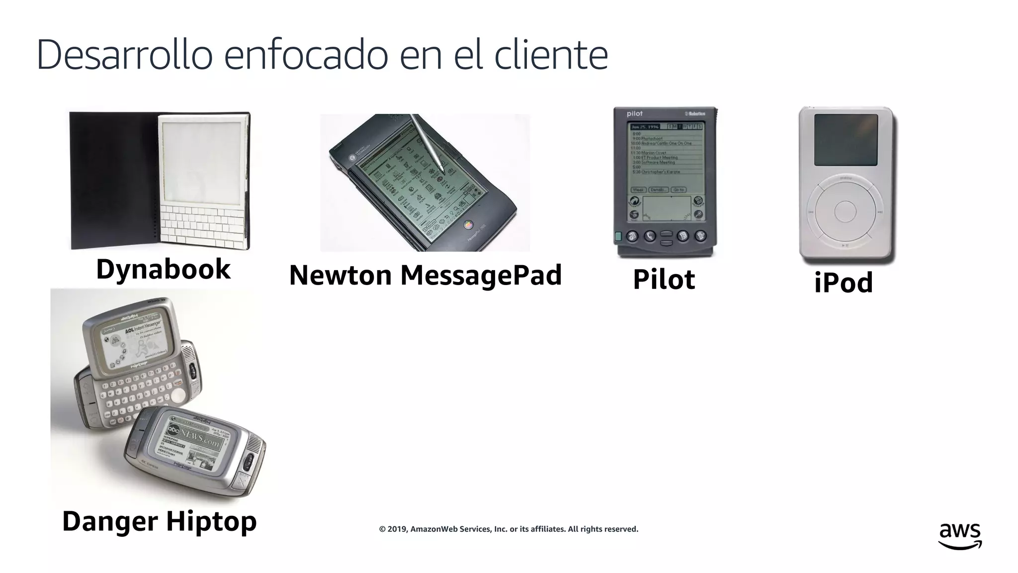 © 2019, AmazonWeb Services, Inc. or its affiliates. All rights reserved.
Desarrollo enfocado en el cliente
Newton MessagePad Pilot iPod
Danger Hiptop
 