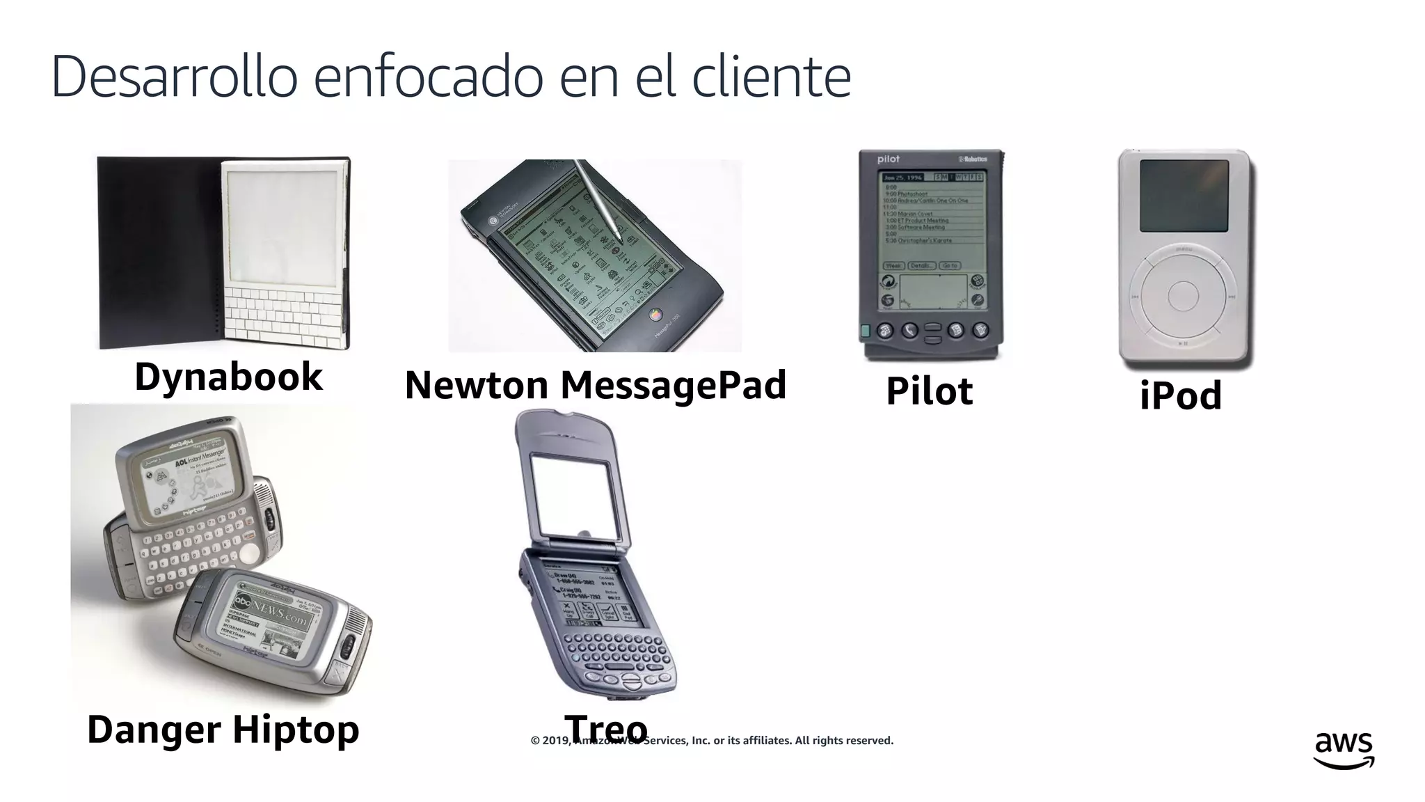 © 2019, AmazonWeb Services, Inc. or its affiliates. All rights reserved.
Desarrollo enfocado en el cliente
Newton MessagePad Pilot iPod
Danger Hiptop Treo
 