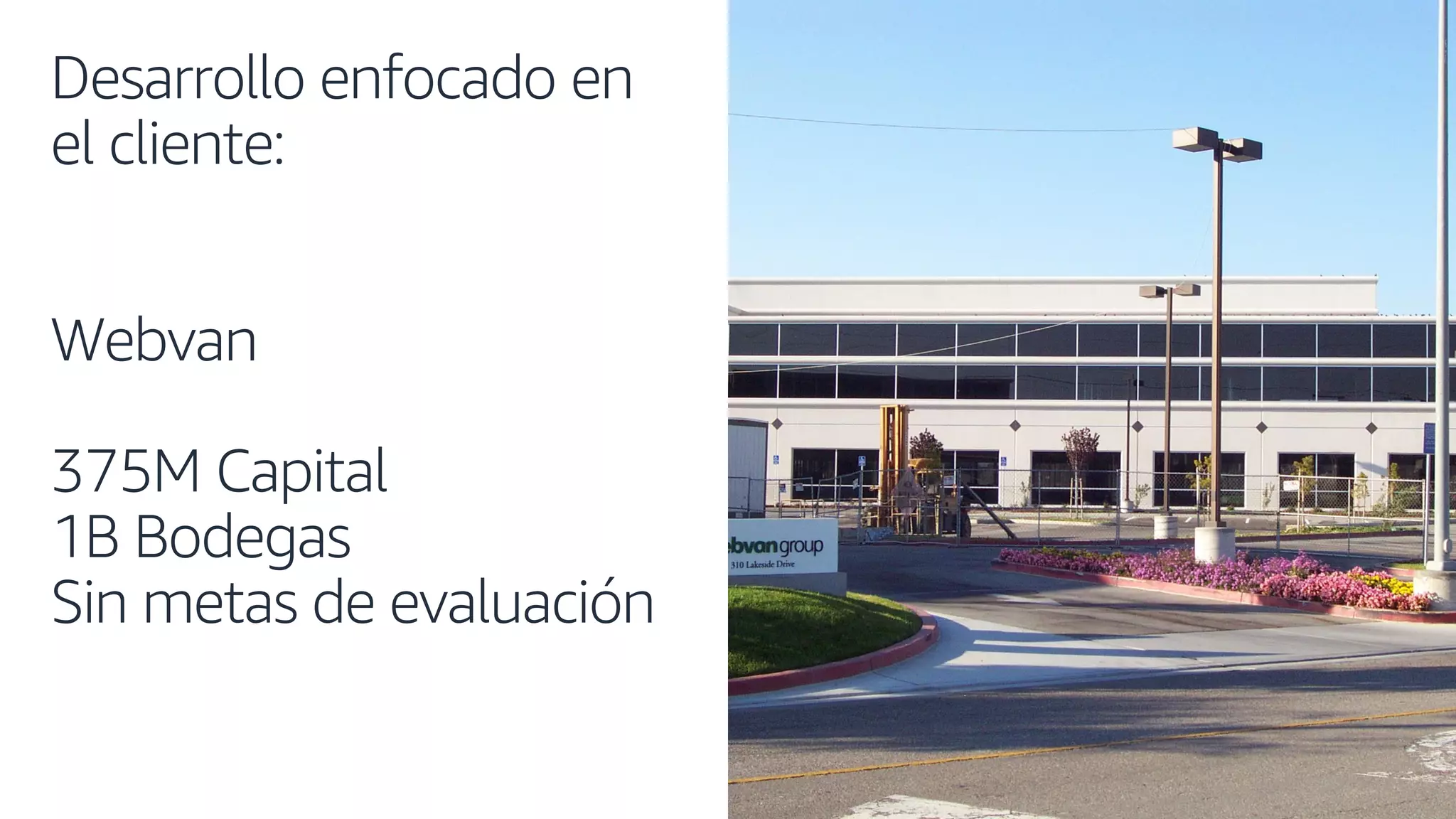 © 2019, AmazonWeb Services, Inc. or its affiliates. All rights reserved.
Desarrollo enfocado en
el cliente:
Webvan
375M Capital
1B Bodegas
Sin metas de evaluación
 