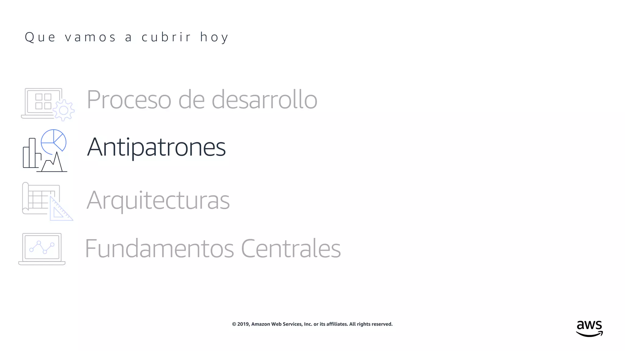 © 2019, Amazon Web Services, Inc. or its affiliates. All rights reserved.
Q u e v a m o s a c u b r i r h o y
Antipatrones
 