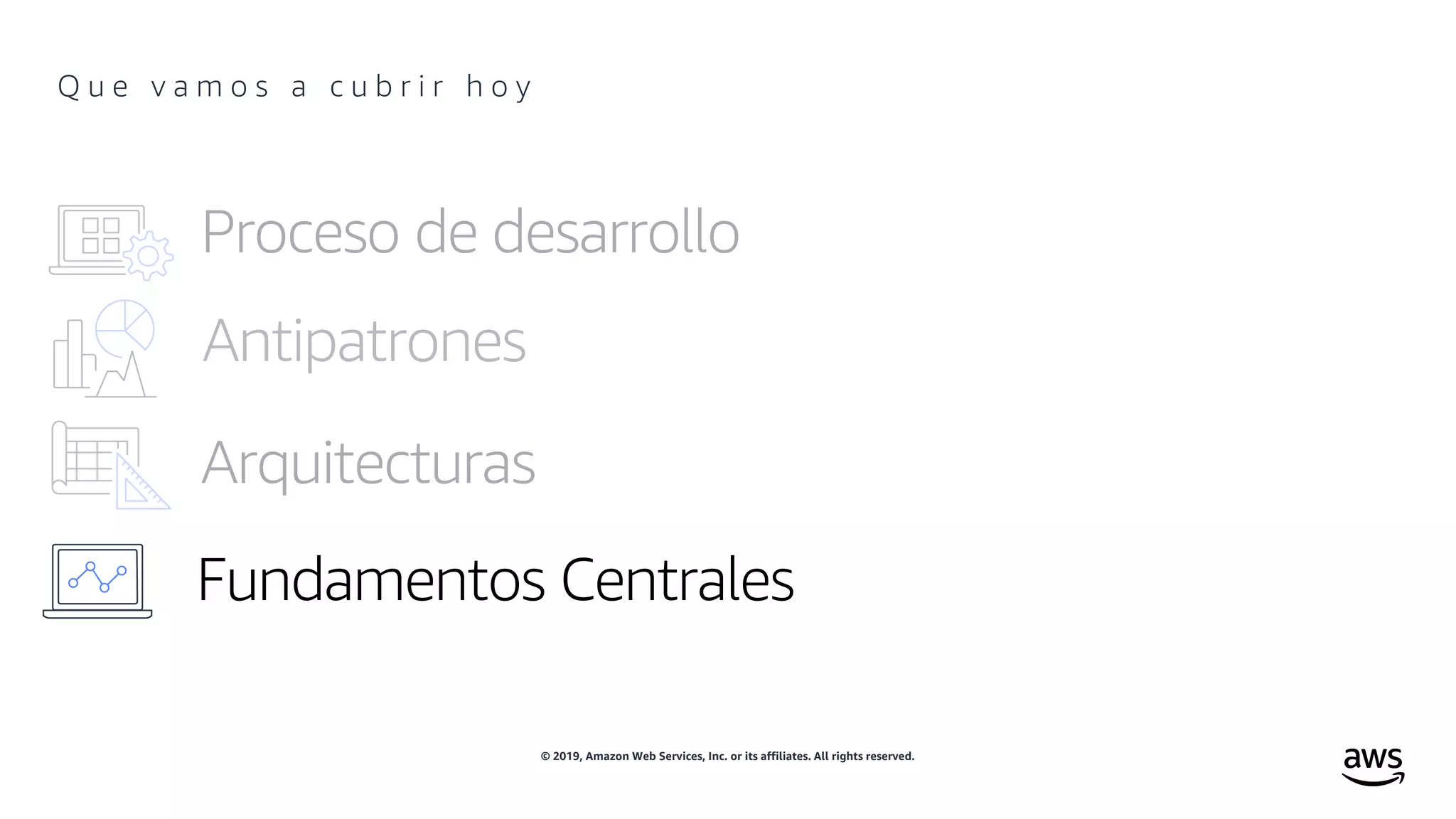 © 2019, Amazon Web Services, Inc. or its affiliates. All rights reserved.
Q u e v a m o s a c u b r i r h o y
Antipatrones
 