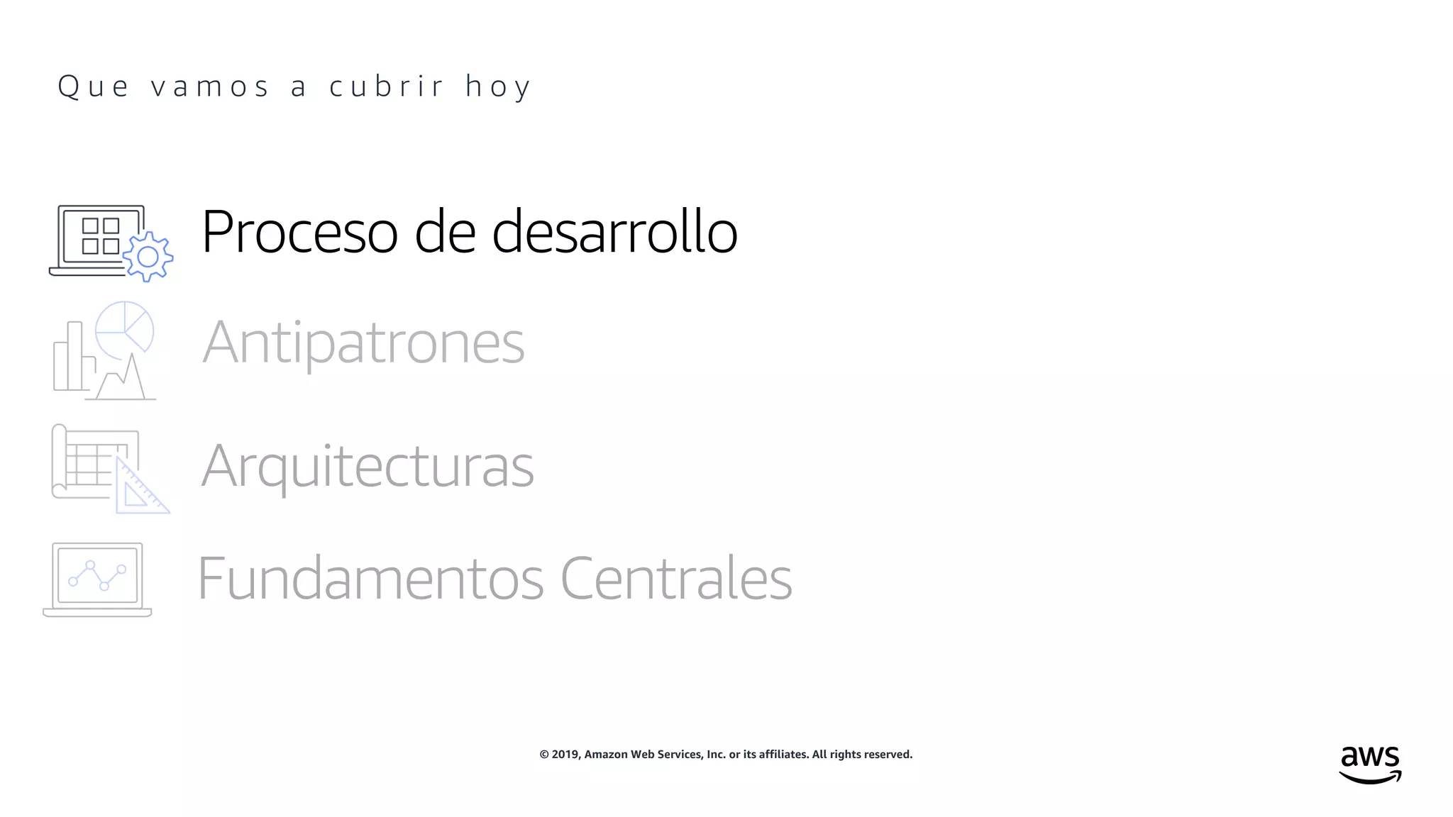 © 2019, Amazon Web Services, Inc. or its affiliates. All rights reserved.
Q u e v a m o s a c u b r i r h o y
Antipatrones
 