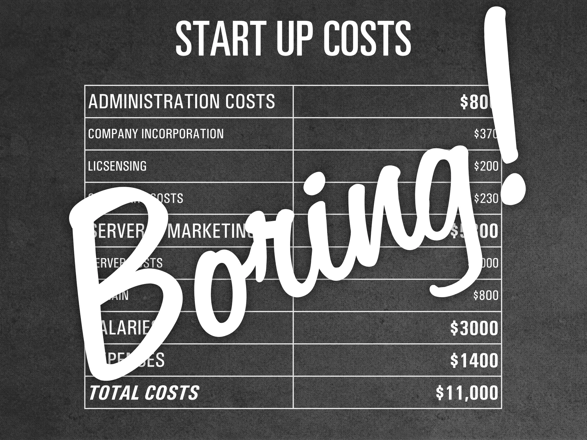 pq^oq=rm=`lpqp
ADMINISTRATION COSTS $800
COMPANY INCORPORATION $370
LICSENSING $200
SECRETARY COSTS $230
SERVER & MARKETING $5800
SERVER COSTS $5000
DOMAIN $8O0
SALARIES $3000
EXPENSES $1400
TOTAL COSTS $11,000
Boring!
 