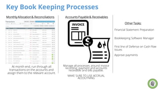 Key Book Keeping Processes
MonthlyAllocation& Reconciliations Accounts Payable& Receivables
At month end, run through all
...