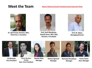 Meet the Team
Prof. M. Akbar,
Managing Director
S R Mustafa
Vice President
Yamini Bhushan
Pandey
Asst. Vice President
Sheeba Khan
Manager
Naman Agrawal
Manager
Namrata Choudhary
Manager
Amrit Tiwari
Asst. Manager
Dr. Ajit Prasad, Director, IIM-L
Chairman, L-Incubator
Prof. Amit Mookerjee
Head & Dean, IIM-L (NC)
Director, L-Incubator
Board, Advisory Council, Faculty Council, Executive Team
 