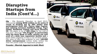 Ola - Ola (formerly Olacabs), in April 2015,
announced raising $400 million in its series E
round of funding led by DST Global with
participation from GIC, Falcon Edge Capital,
and existing investors SoftBank Group, Tiger
Global, Steadview Capital and Accel Partners
US. Ola plans to be in 200 cities by the end of
this year. Through “Ola Pragati” in partnership
with the State Bank of India, drivers can now
avail of a daily loan repayment facility and a
lower down payment to buy a car of their choice.
Ola aims to offer this program to over 100,000
driver entrepreneurs across India within the
next two years under its expansion program.
Founder : Bhavish Aggarwal & Ankit Bhati
Disruptive
Startups from
India (Cont’d…)
 