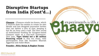Disruptive Startups
from India (Cont’d…)
Chaayos - Chaayos retails tea leaves, which
it sources from tea estates to create its own
blends and has designed innovative kettles
that can deliver a litre of chai, keeping it
hot for an hour and a half. The first round
of institutional funding for Gurgaon-based
Chaayos came as a non-tech investment.
This year, Tiger Global led a $5 million
financing round in this tea chain, with
participation from Ola founders Bhavish
Aggarwal and Ankit Bhati.
Founder : Nitin Saluja & Raghav Verma
 