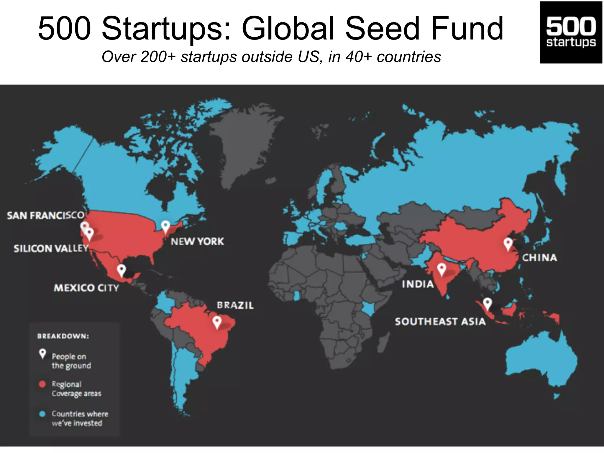 500 Startups: Global Seed Fund 
Over 200+ startups outside US, in 40+ countries 
 