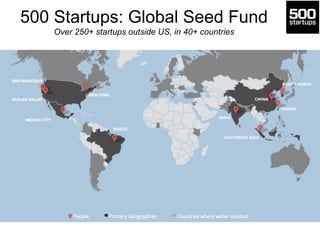 500 Startups: Global Seed Fund 
Over 250+ startups outside US, in 40+ countries 
 