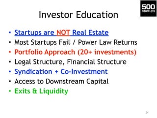 Investor Education 
• Startups are NOT Real Estate 
• Most Startups Fail / Power Law Returns 
• Portfolio Approach (20+ investments) 
• Legal Structure, Financial Structure 
• Syndication + Co-Investment 
• Access to Downstream Capital 
• Exits & Liquidity 
24 
 