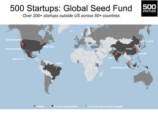 500 Startups: Global Seed Fund 
Over 200+ startups outside US across 50+ countries 
 