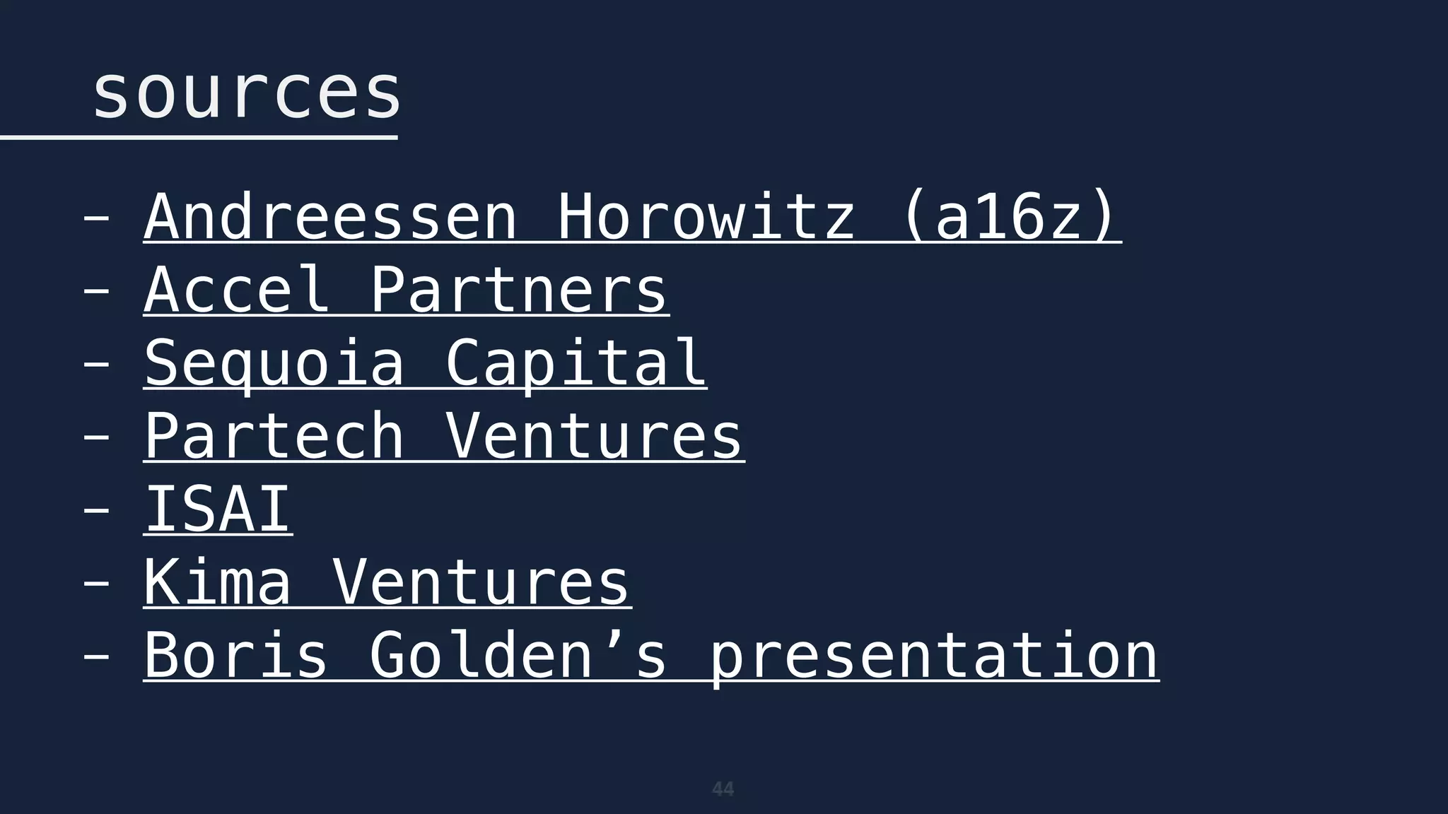 44
sources
- Andreessen Horowitz (a16z)
- Accel Partners
- Sequoia Capital
- Partech Ventures
- ISAI
- Kima Ventures
- Boris Golden’s presentation
 