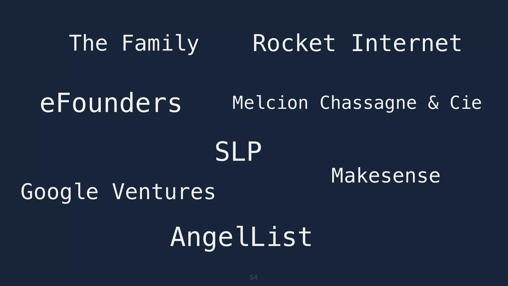 54
SLP
Melcion Chassagne & CieeFounders
Google Ventures
AngelList
Makesense
The Family Rocket Internet
 