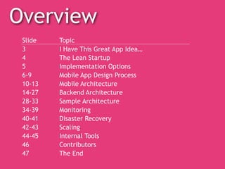 Overview
Slide Topic
3 I	Have	This	Great	App	Idea…
4 The	Lean	Startup
5 Implementation	Options
6-9 Mobile	App	Design	Proce...