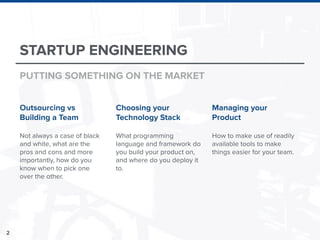 2
STARTUP ENGINEERING
Outsourcing vs
Building a Team
Not always a case of black
and white, what are the
pros and cons and ...