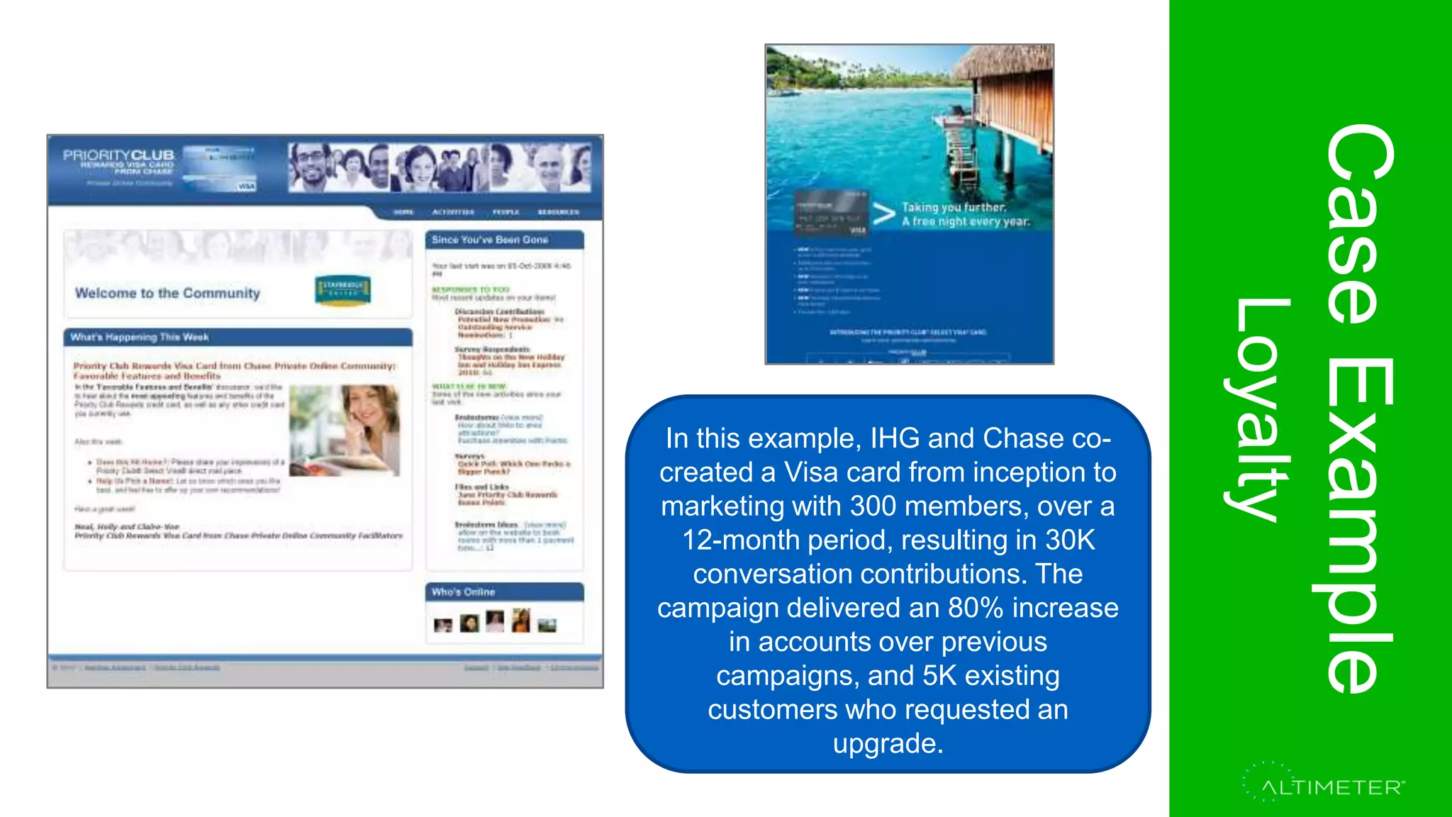 Section 1.
Project Overview
CaseExample
Loyalty
In this example, IHG and Chase co-
created a Visa card from inception to
marketing with 300 members, over a
12-month period, resulting in 30K
conversation contributions. The
campaign delivered an 80% increase
in accounts over previous
campaigns, and 5K existing
customers who requested an
upgrade.
 