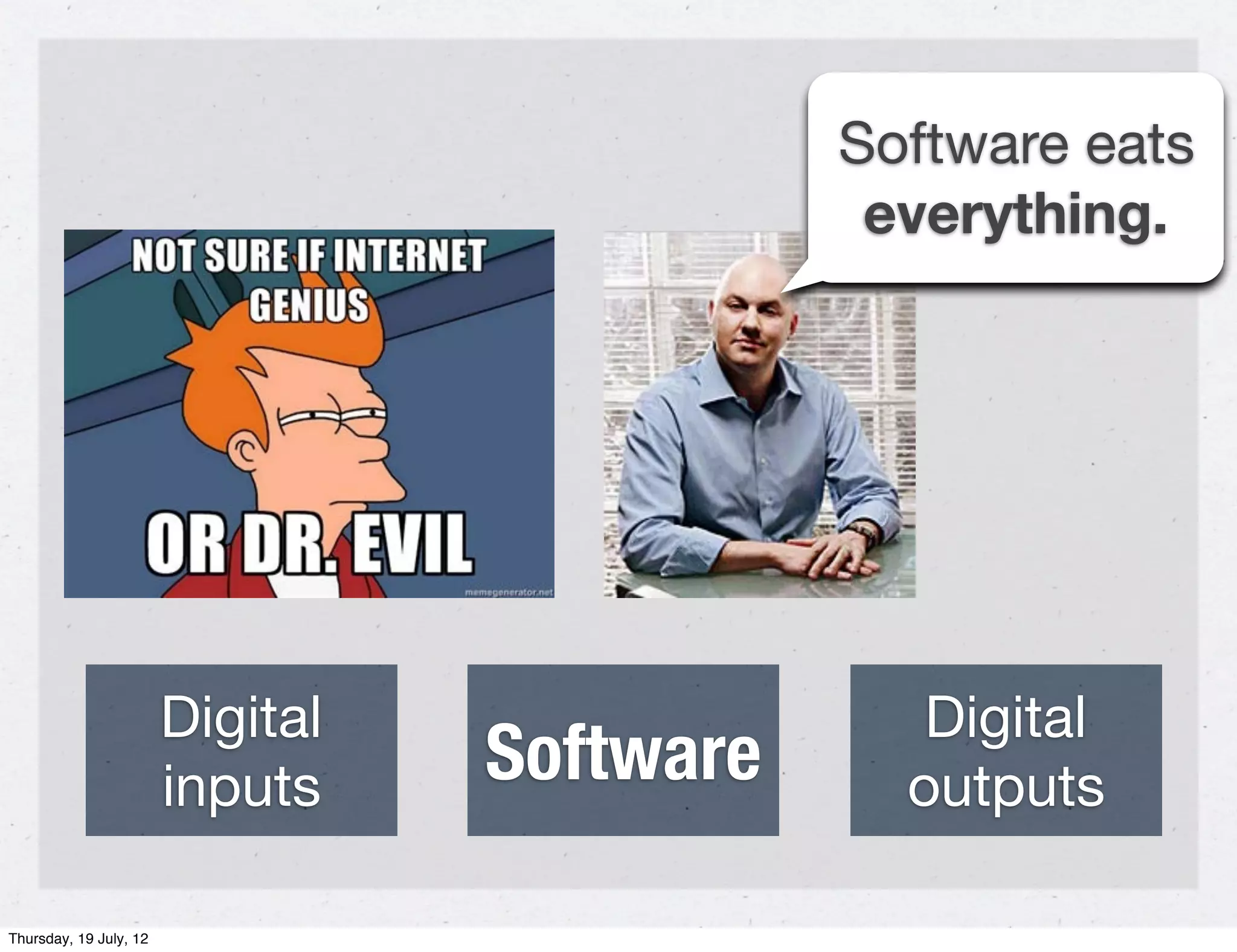 Software eats
                                              everything.




                        Digital                 Digital
                        inputs    Software     outputs

Thursday, 19 July, 12
 