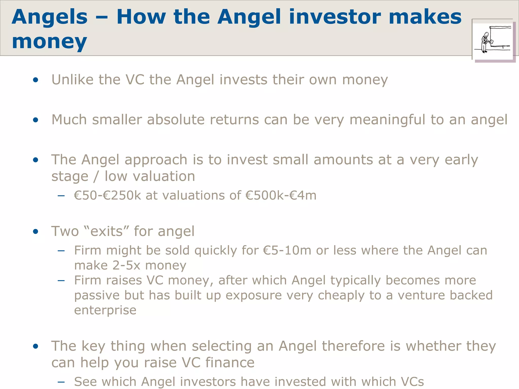 Angels – How the Angel investor makes money Unlike the VC the Angel invests their own money Much smaller absolute returns can be very meaningful to an angel The Angel approach is to invest small amounts at a very early stage / low valuation € 50-€250k at valuations of €500k-€4m Two “exits” for angel Firm might be sold quickly for €5-10m or less where the Angel can make 2-5x money Firm raises VC money, after which Angel typically becomes more passive but has built up exposure very cheaply to a venture backed enterprise The key thing when selecting an Angel therefore is whether they can help you raise VC finance See which Angel investors have invested with which VCs 
