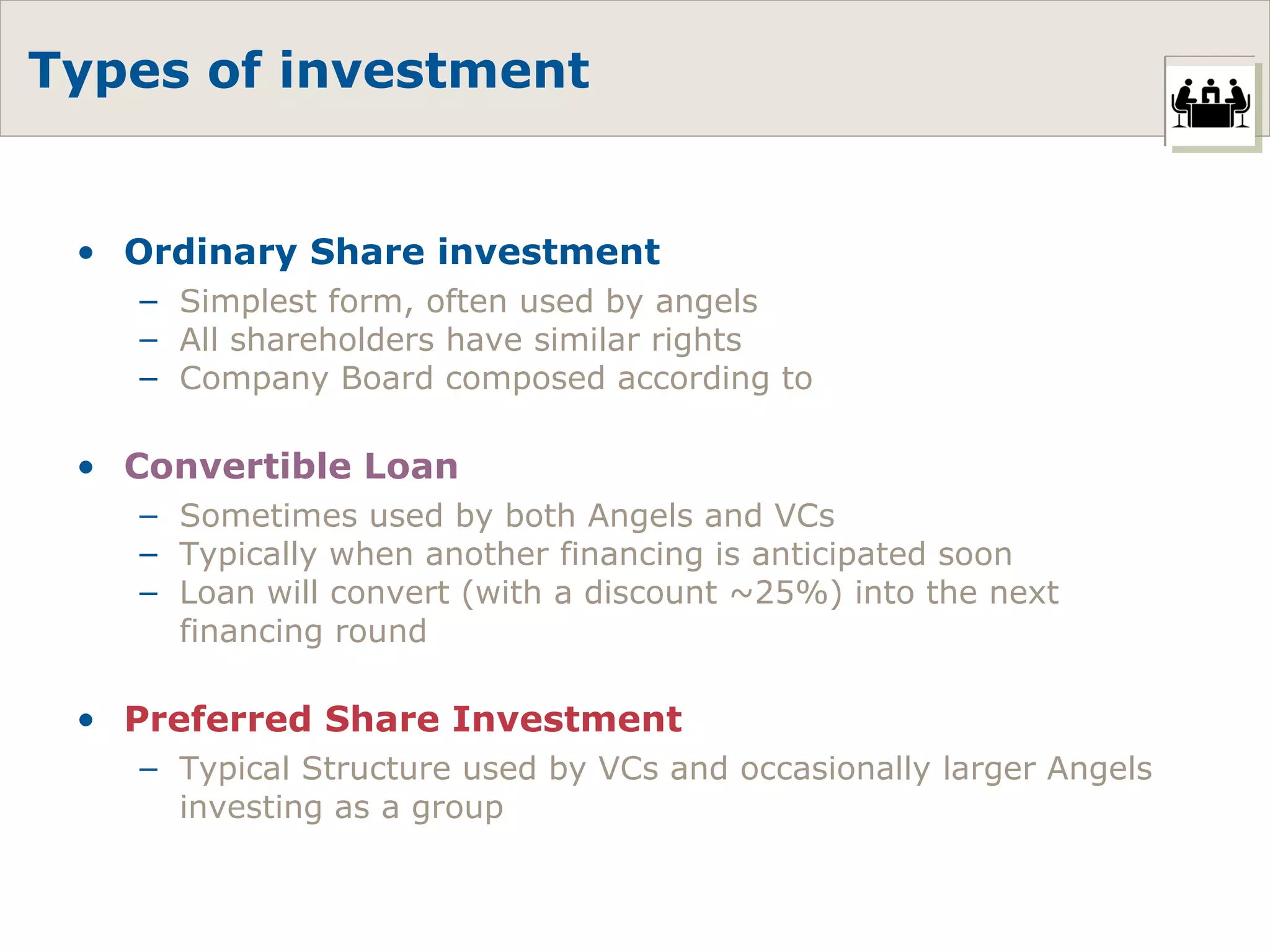 Types of investment Ordinary Share investment Simplest form, often used by angels All shareholders have similar rights Company Board composed according to Convertible Loan Sometimes used by both Angels and VCs Typically when another financing is anticipated soon Loan will convert (with a discount ~25%) into the next financing round Preferred Share Investment Typical Structure used by VCs and occasionally larger Angels investing as a group 
