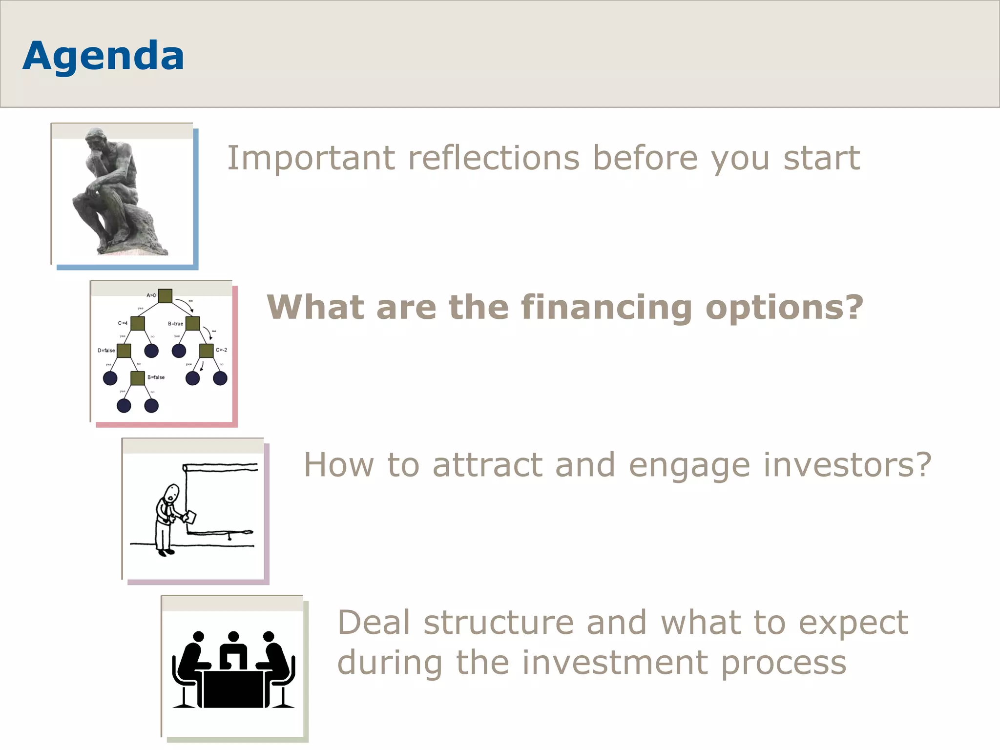 Agenda What are the financing options? How to attract and engage investors? Deal structure and what to expect during the investment process Important reflections before you start 