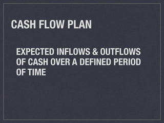 EXPECTED INFLOWS & OUTFLOWS
OF CASH OVER A DEFINED PERIOD
OF TIME
CASH FLOW PLAN
 