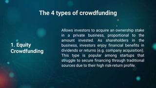The 4 types of crowdfunding
1. Equity
Crowdfunding
Allows investors to acquire an ownership stake
in a private business, p...