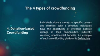The 4 types of crowdfunding
4. Donation-based
Crowdfunding
Individuals donate money to specific causes
and charities. With...