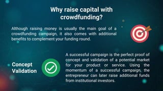 Why raise capital with
crowdfunding?
Concept
Validation
A successful campaign is the perfect proof of
concept and validati...