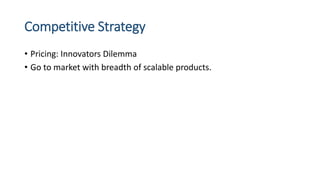 Competitive Strategy
• Pricing: Innovators Dilemma
• Go to market with breadth of scalable products.
 