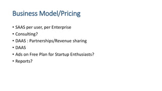 Business Model/Pricing
• SAAS per user, per Enterprise
• Consulting?
• DAAS : Partnerships/Revenue sharing
• DAAS
• Ads on Free Plan for Startup Enthusiasts?
• Reports?
 