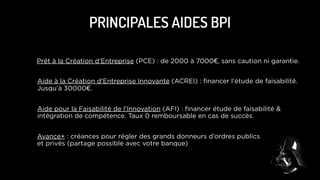 PRÊTS D’HONNEURS
Réseau France Initiative : montant moyen 8340€ en 2012, octroyé par un comité
sur présentation d’un plan de création ou de reprise. Remboursement sur 2 à 5 ans.
Scientipôle Initiative : 20000€ par fondateur max, 60 000€ max par entreprise.  
Entreprise francilienne de moins de 3 ans avec potentiel de développement.  
Fin R&D/amorçage commercial. Remboursement sur 5 ans.
Réseau Entreprendre : soumis à l’adhésion dans le réseau. 15 000 à 90 000€.  
Remboursable sur 5 ans.
NACRE : prêt à taux 0 de 1000 à 10000€

 