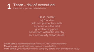 Team = risk of execution
the most important criteria by far
Super bonus: recommendation from a VC/BA or entrepreneur
Mega bonus: you already sold one company before
Ultra Bonus: you already sold one company before with a multiple of x2.25+
Best format:
2-3 founders
with complementary skills,
experience in the ﬁeld,
good learning pace,
connexions within the industry,
(or a community already built).
1
 