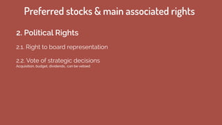 2.1. Right to board representation
Preferred stocks & main associated rights
2. Political Rights
2.2. Vote of strategic decisions
Acquisition, budget, dividends.. can be vetoed
 