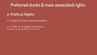 2.1. Right to board representation
Preferred stocks & main associated rights
2. Political Rights
2.2. Vote of strategic de...