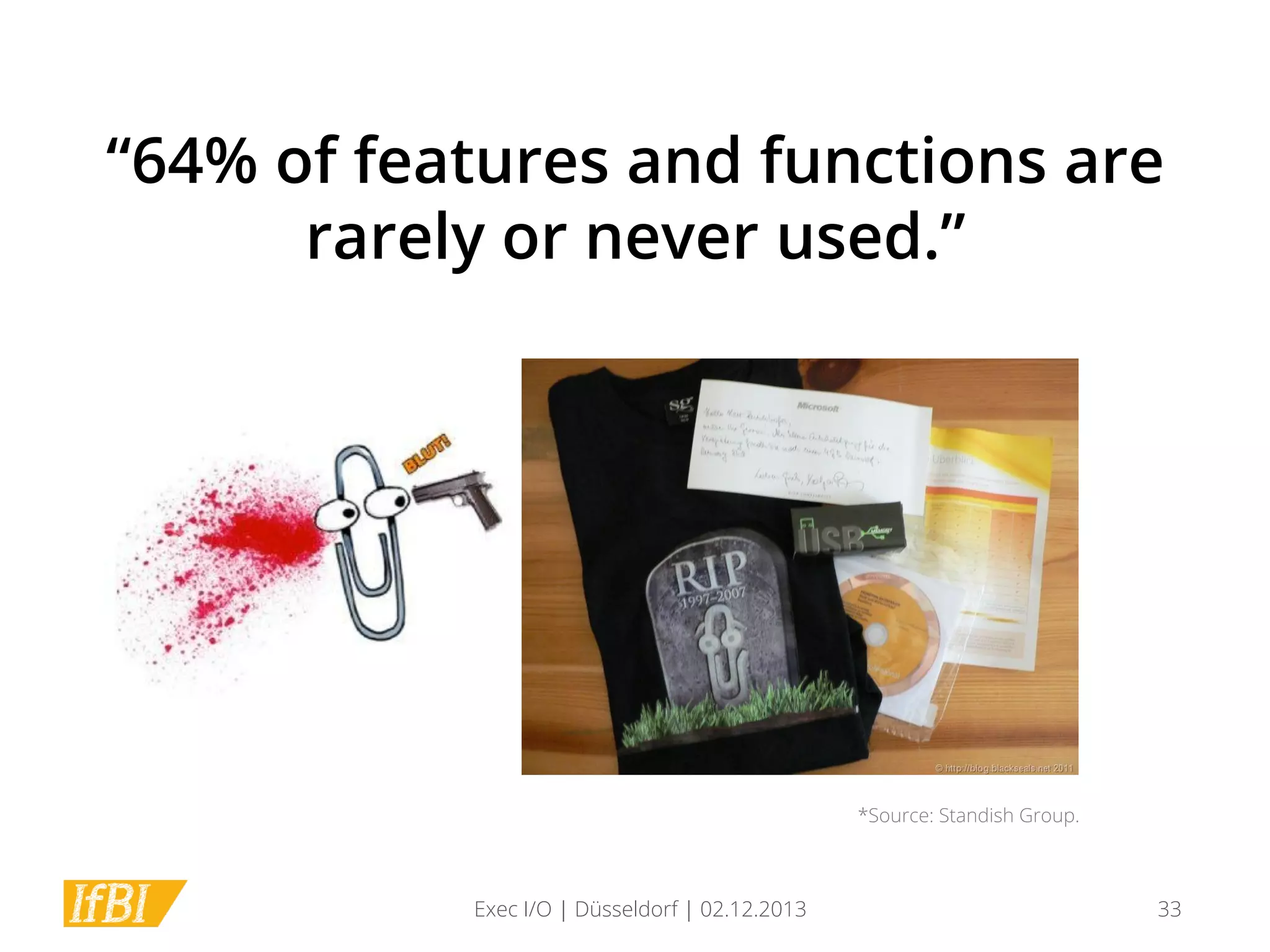 “64% of features and functions are
rarely or never used.”

*Source: Standish Group.

Exec I/O | Düsseldorf | 02.12.2013

33

 