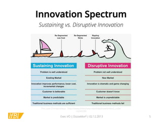 Innovation Spectrum
Sustaining vs. Disruptive Innovation

The Lean Entrepreneur, http://www.slideshare.net/slideshow/embed_code/
16699289

Exec I/O | Düsseldorf | 02.12.2013

5

 